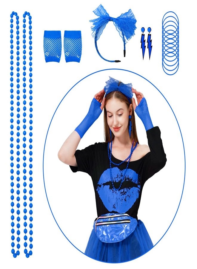 WILDPARTY 80s Costume Accessories for Women, T-Shirt Tutu Fanny Pack Headband Earring Necklace Fishnet Gloves Legwarmers 80s Party Halloween outfit for Women 24PCS (DarkBlue XL) - Image 5